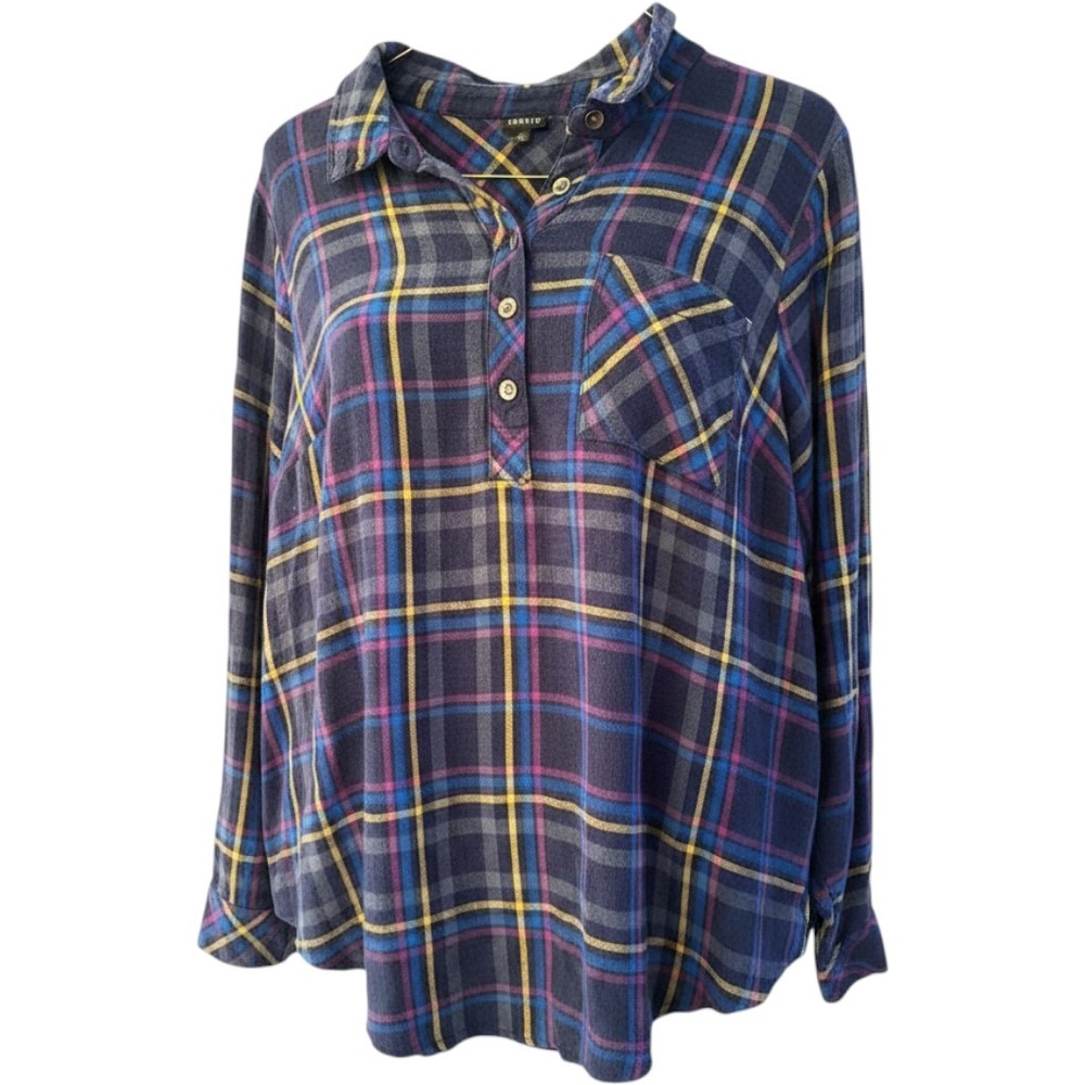 Torrid Plus Size 3 Navy Blue Plaid Henley Long Sleeve Button Back Top Blouse